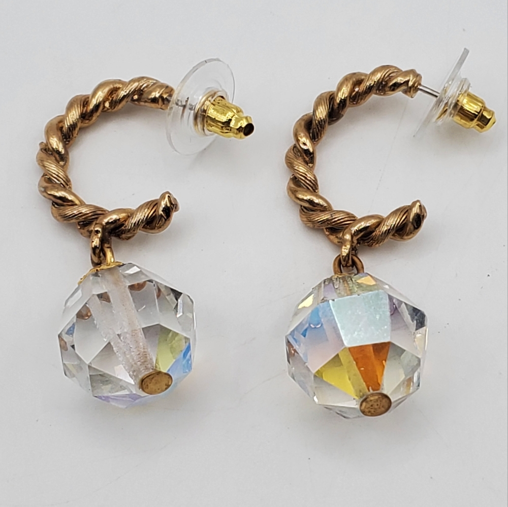 AB Crystal Faceted Bead Hoop Earrings Twisted Gold Tone Pierced Drop Dangle